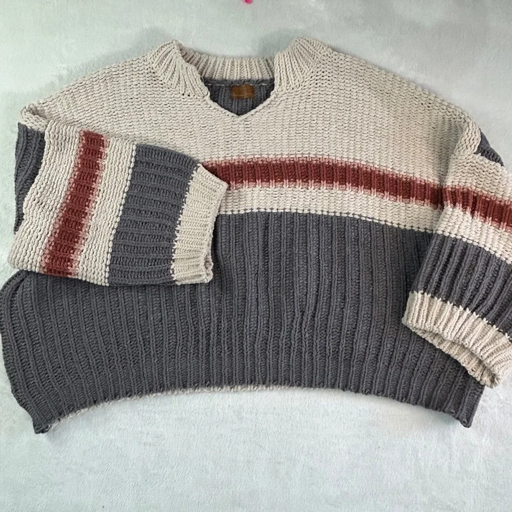 POL Coastal Grandmother Colorblock Chunky Knit Sweater Large‎ Boho Slouchy